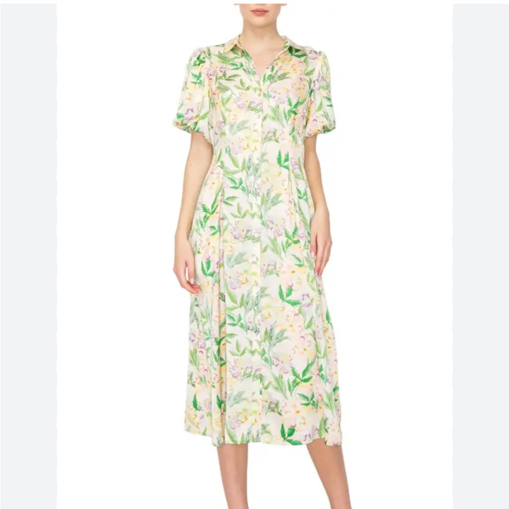 MELLODAY Floral Maxi Dress Cream Green Bubble Puff Sleeves Button Down Size: L